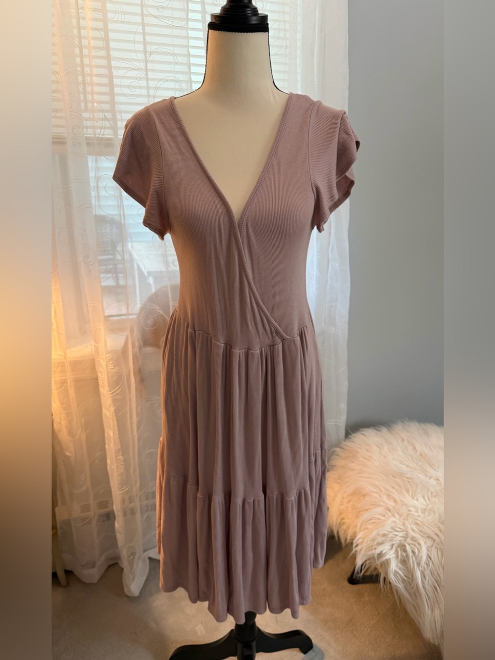 See You Monday Mauve Ribbed Wrap-Tier Midi Dress